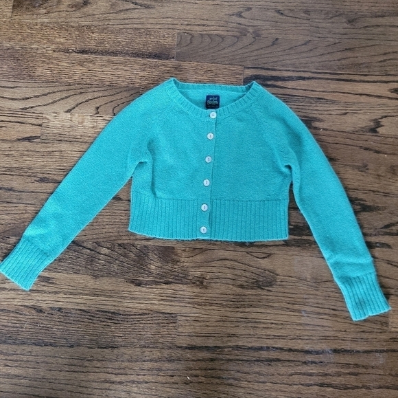 Mini Boden Christmas Party Cropped Green Angora Metallic Blend Girl's Cardigan - Picture 2 of 7